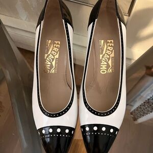 Salvatore Ferragamo Black and White Cap-Toe Studded Flats